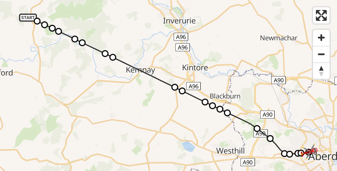 Flight path map showing Air Ambulance Helicopter route from Auchleven to Rosemount