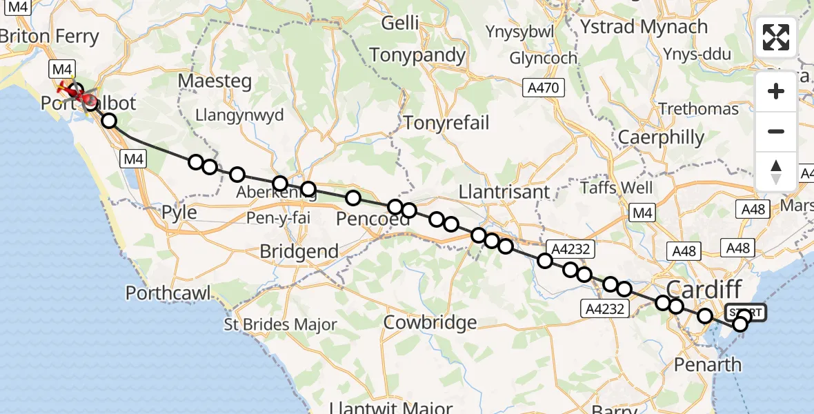 Flight path map showing Air Ambulance Helicopter route from Cardiff Heliport to Baglan