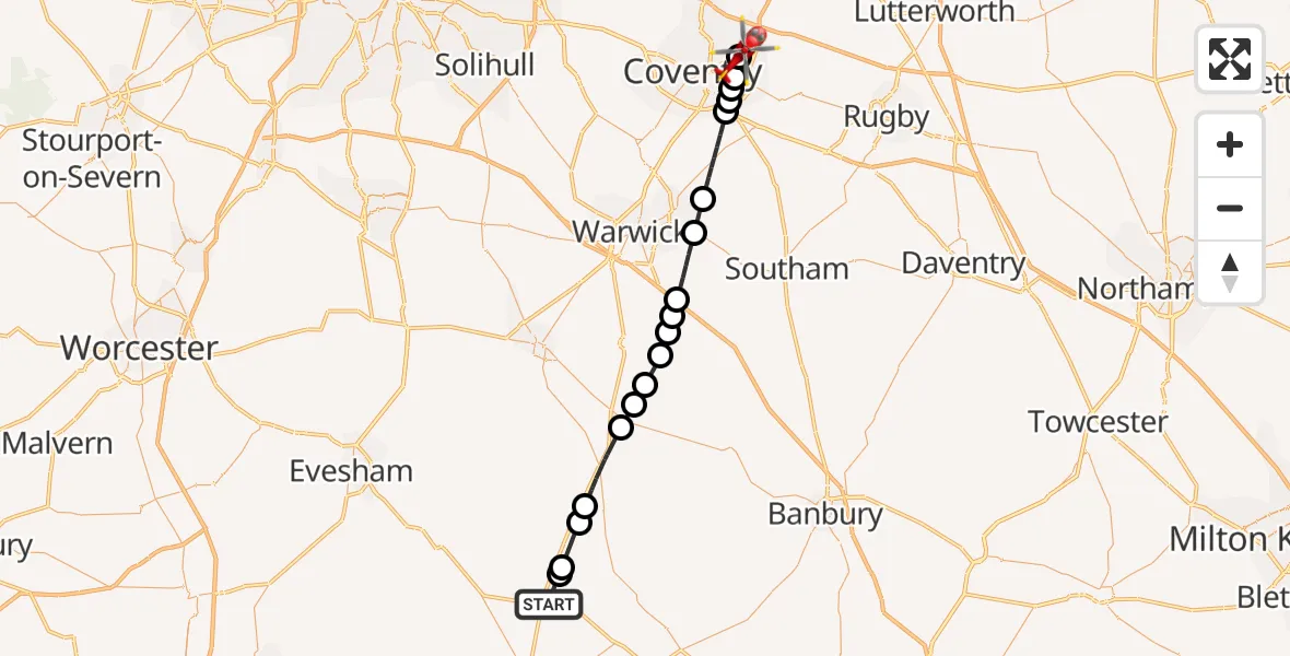 Flight path map showing Air Ambulance Helicopter route from Moreton-in-Marsh to Clifford Park