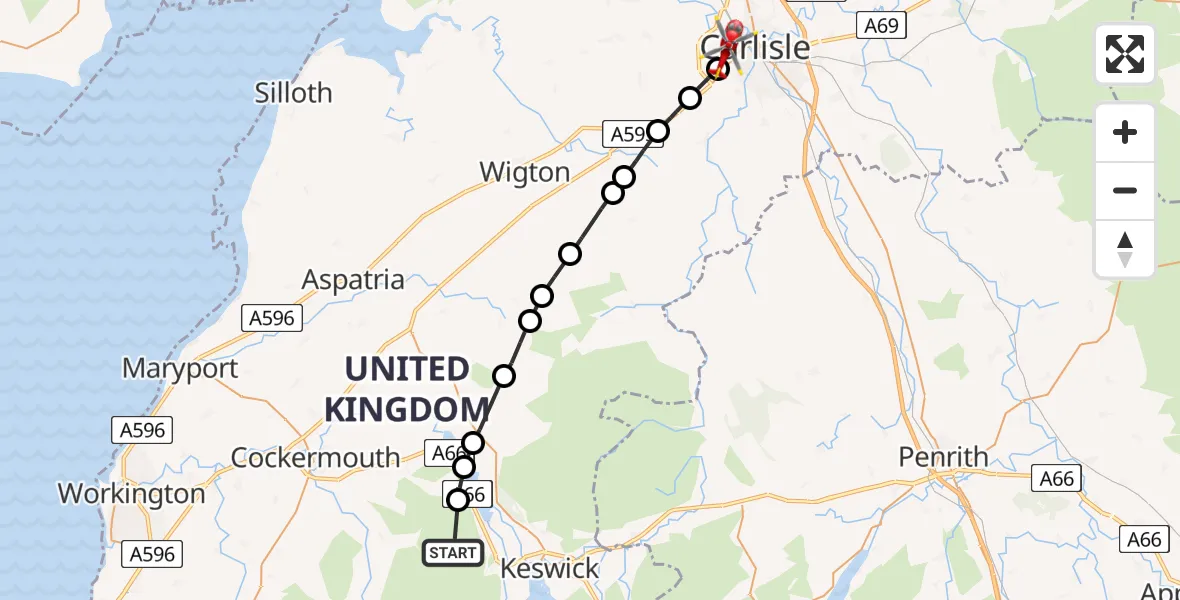 Flight path map showing Air Ambulance Helicopter route from Lorton to Carlisle