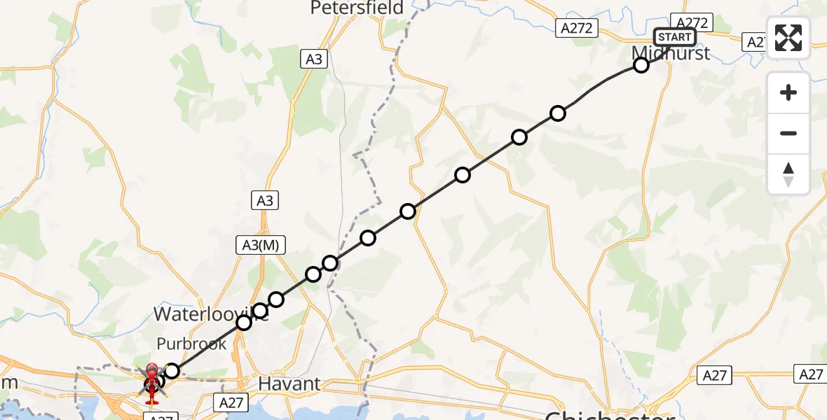 Flight path map showing Air Ambulance Helicopter route from Midhurst to Queen Alexandra Hospital