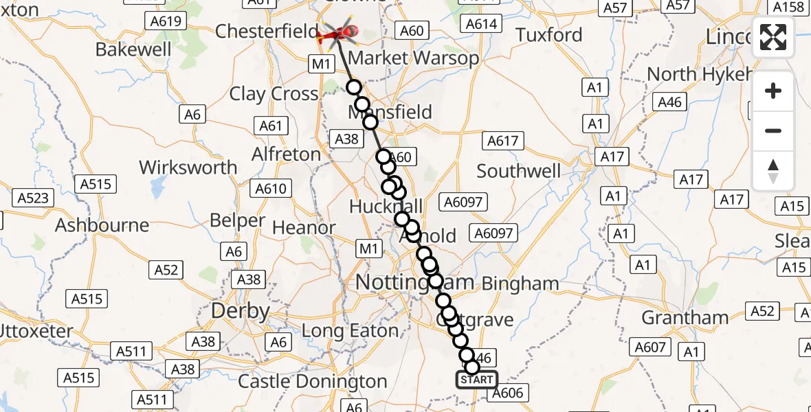 Flight path map showing Air Ambulance Helicopter route from Rushcliffe to Bolsover