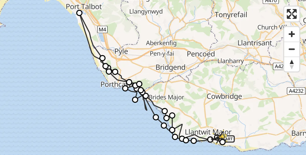 Flight path map showing Police Helicopter route from MOD St Athan to Boverton
