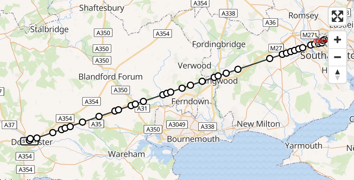 Flight path map showing Air Ambulance Helicopter route from Dorchester Hospital to University Hospital Southampton