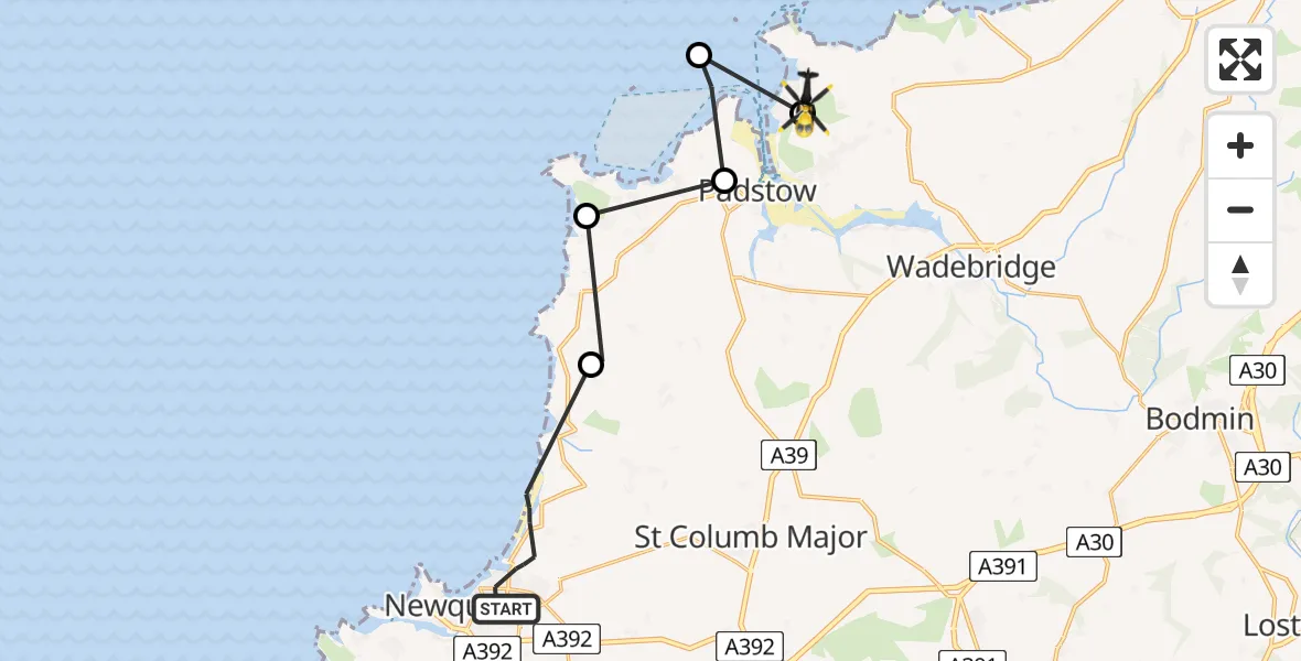 Flight path map showing Police Helicopter route from Newquay to Polzeath