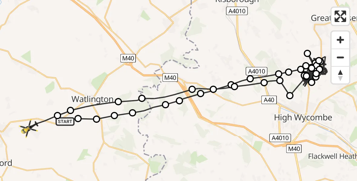 Flight path map showing Police Helicopter route from South Oxfordshire to Ewelme