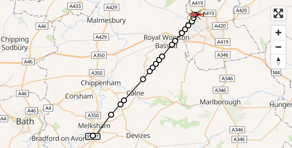 Flight path map showing Air Ambulance Helicopter route from Wiltshire Air Ambulance to Blunsdon St Andrew