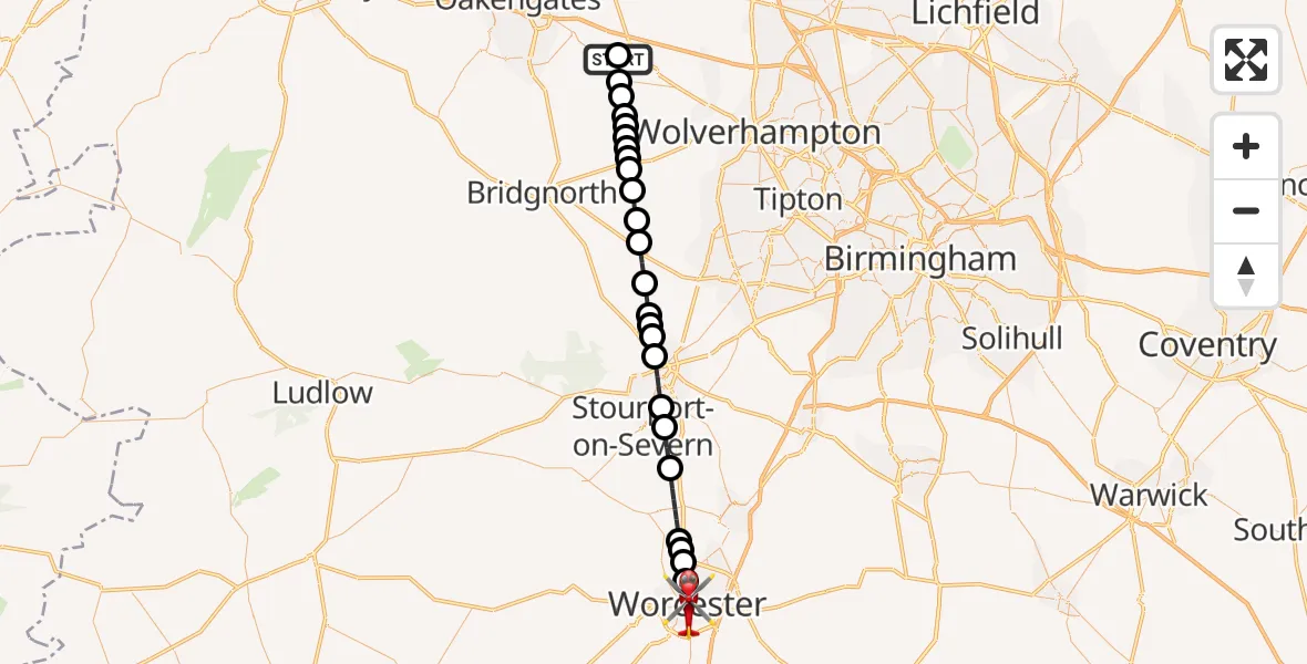 Flight path map showing Air Ambulance Helicopter route from RAF Cosford to Worcester