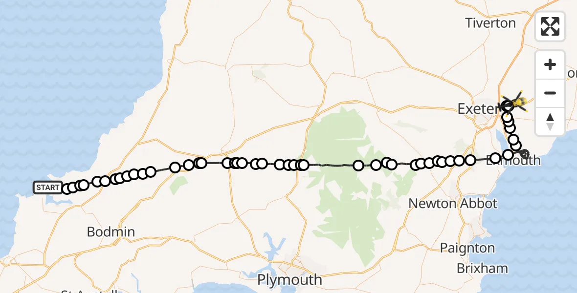 Flight path map showing Police Helicopter route from Trebetherick to Exeter International Airport