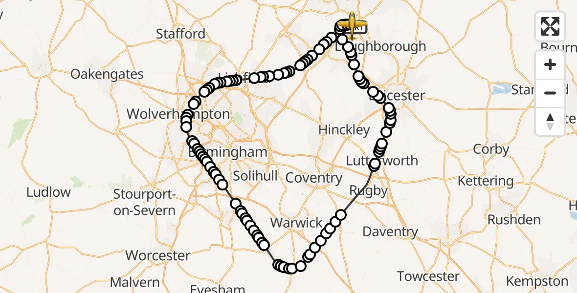 Flight path map showing Police Aircraft route from East Midlands Airport to East Midlands Airport