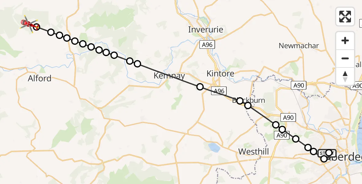 Flight path map showing Air Ambulance Helicopter route from Aberdeen Royal Infirmary Helistrip to Aberdeenshire