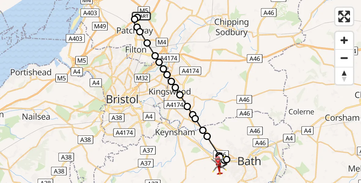 Flight path map showing Air Ambulance Helicopter route from Almondsbury Helicopter Base to Bath