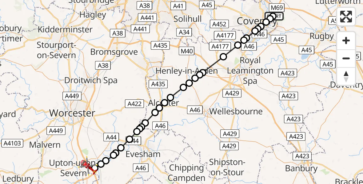 Flight path map showing Air Ambulance Helicopter route from Walsgrave to Upper Strensham