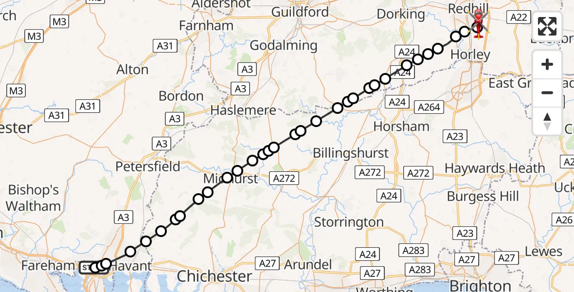 Flight path map showing Air Ambulance Helicopter route from Queen Alexandra Hospital to Redhill Aerodrome