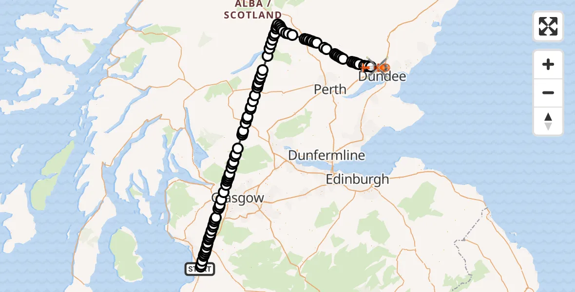 Flight path map showing Coastguard Helicopter route from Glasgow Prestwick Airport to Birkhill