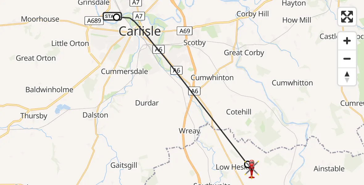 Flight path map showing Air Ambulance Helicopter route from Grinsdale to Low Hesket
