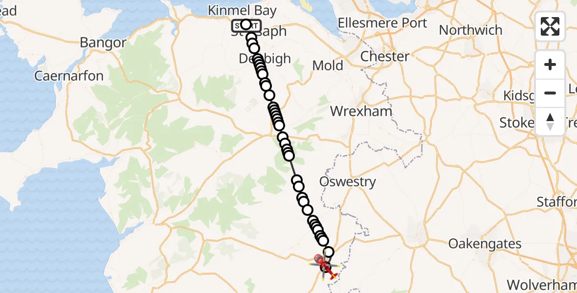 Flight path map showing Air Ambulance Helicopter route from Ysbyty Glan Clywd Hospital Heliport to Welshpool Airport