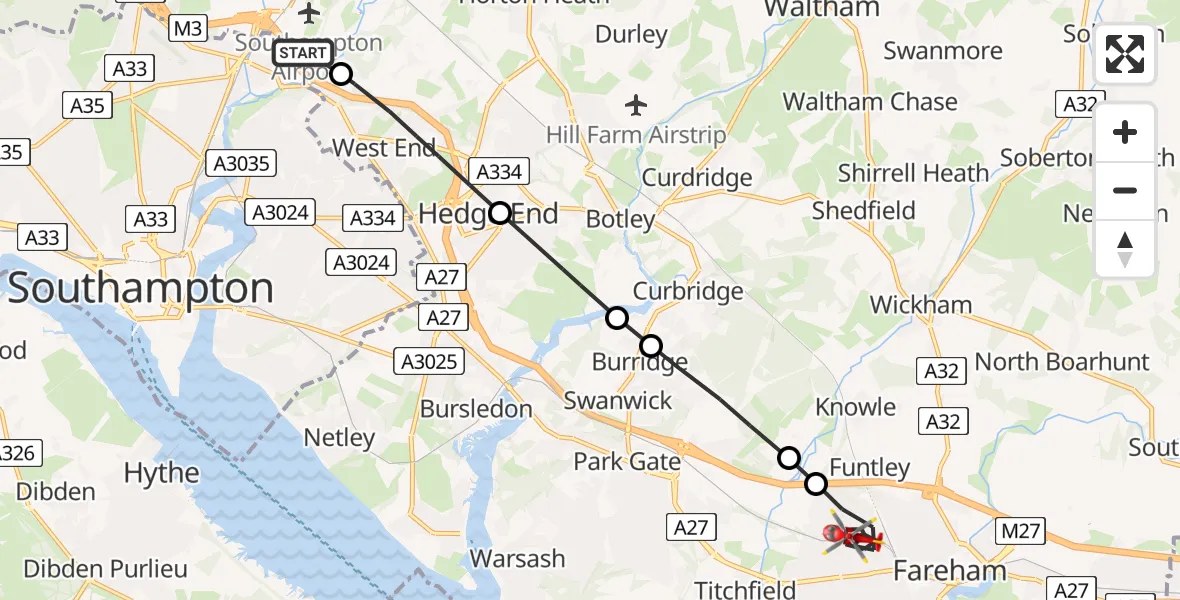 Flight path map showing Air Ambulance Helicopter route from Southampton Airport to Fareham