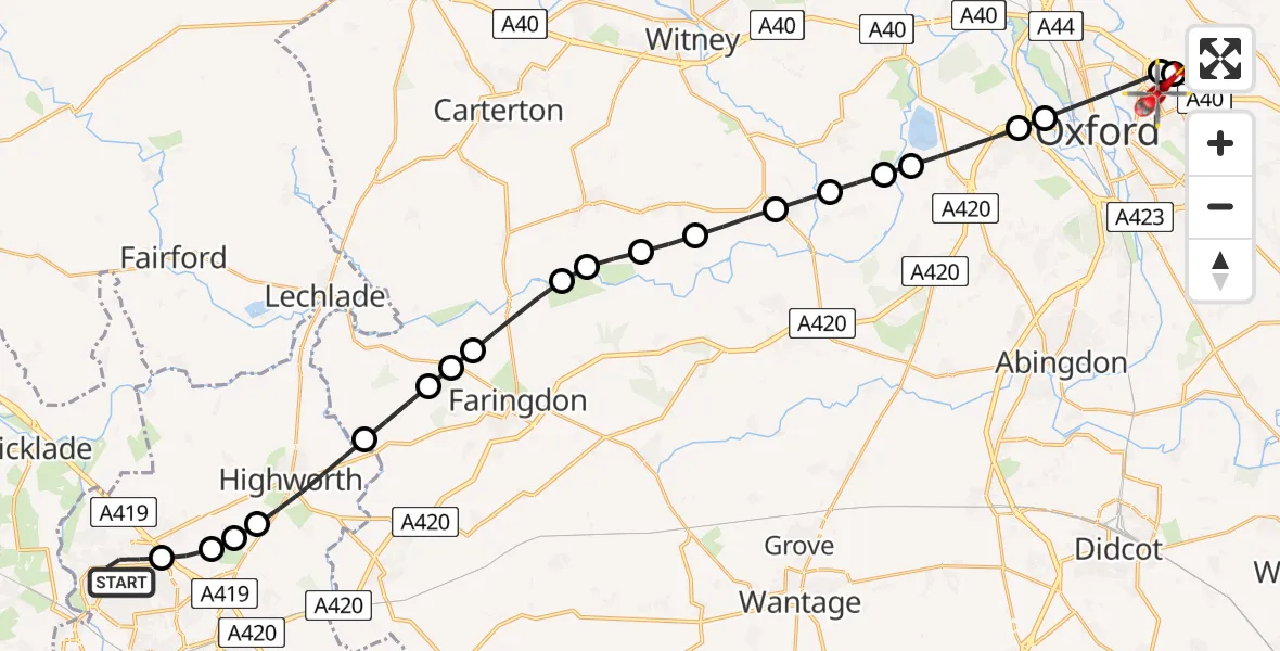 Flight path map showing Air Ambulance Helicopter route from Blunsdon St Andrew to Oxford