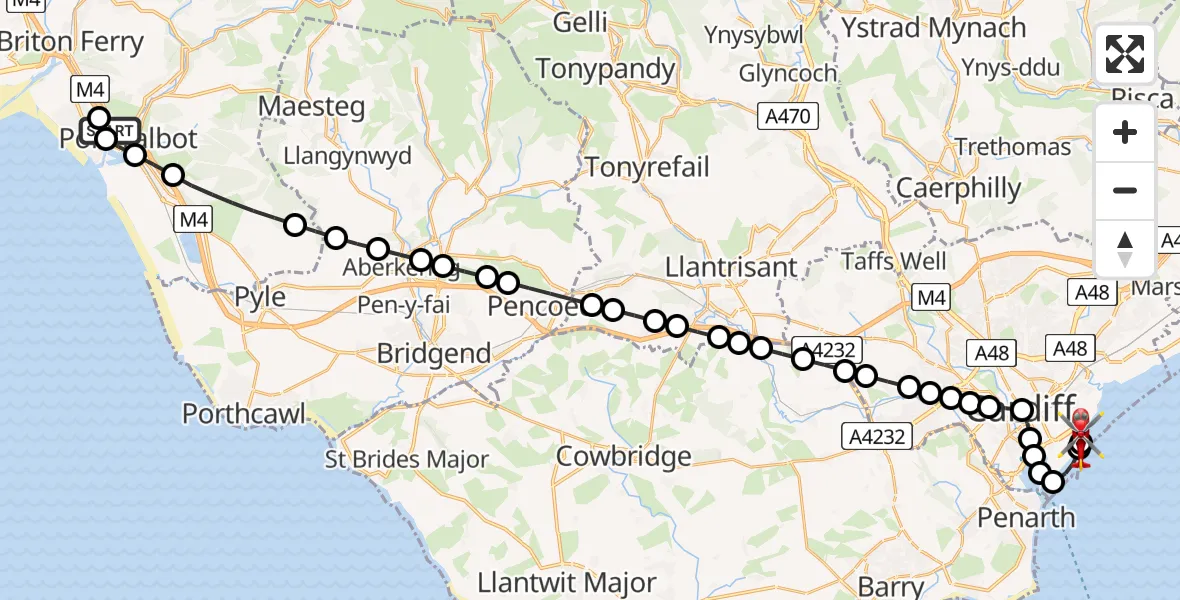 Flight path map showing Air Ambulance Helicopter route from Aberavon to Cardiff Heliport