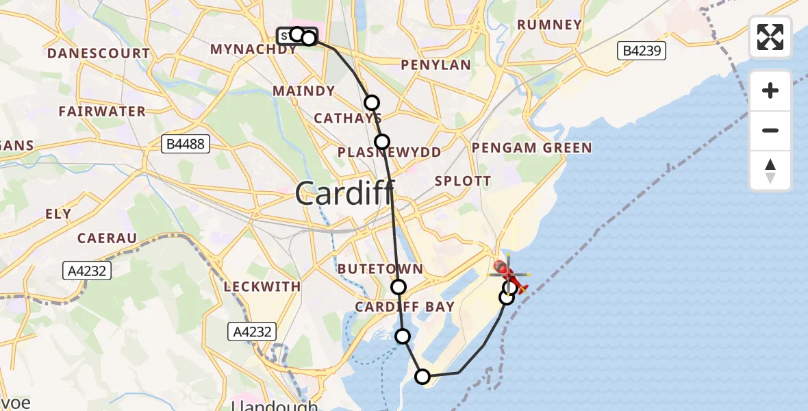 Flight path map showing Air Ambulance Helicopter route from Birchgrove to Cardiff Heliport