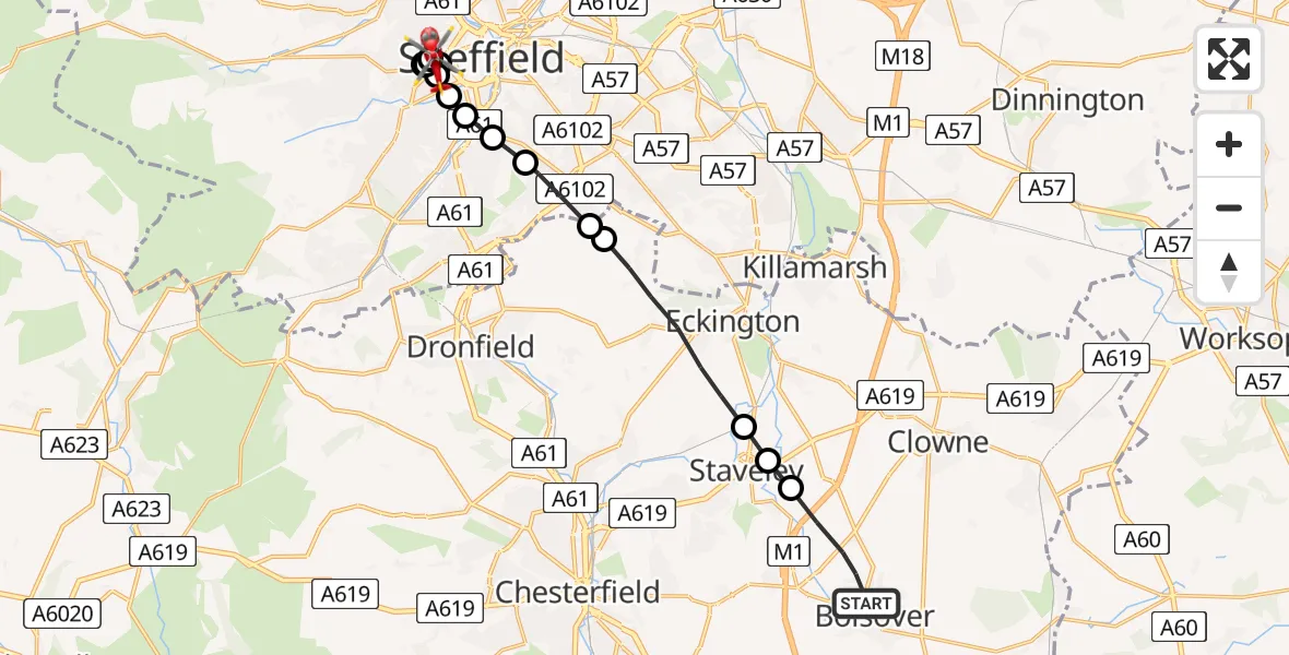 Flight path map showing Air Ambulance Helicopter route from Bolsover to Sheffield Childrens Hospital