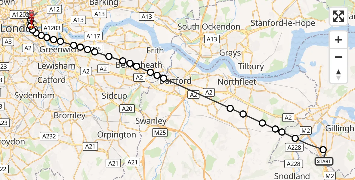 Flight path map showing Air Ambulance Helicopter route from Rochester Airport to Royal London Hospital