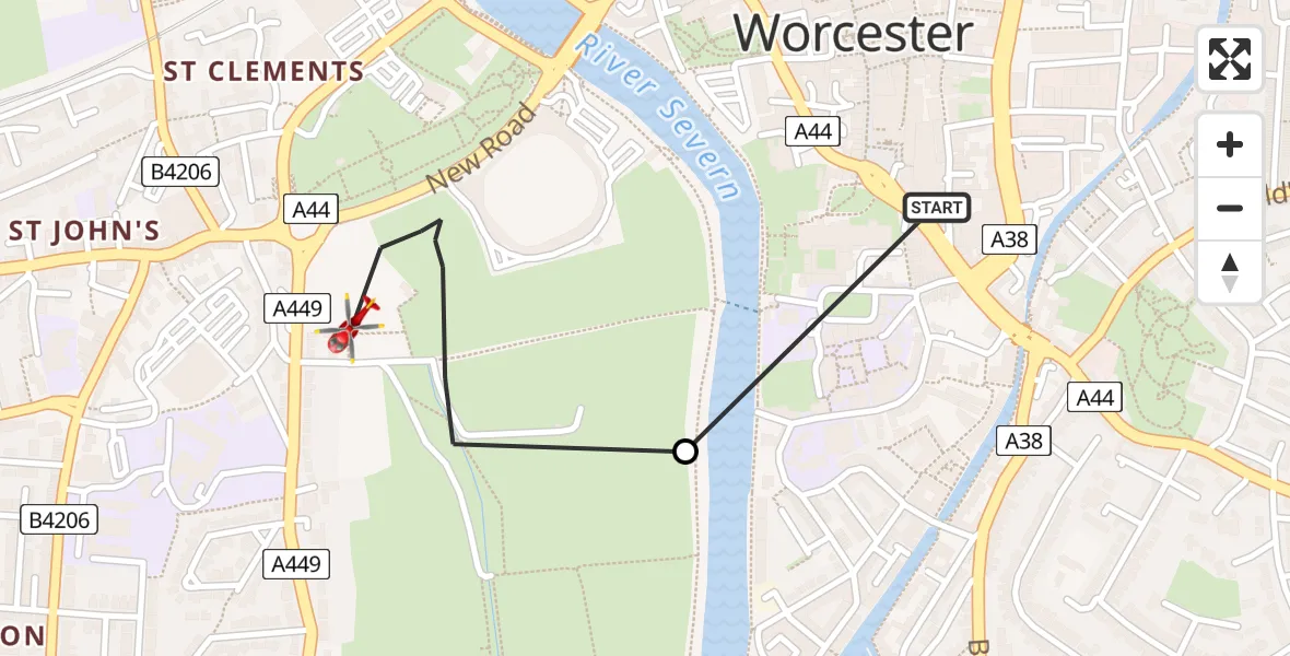 Flight path map showing Air Ambulance Helicopter route from Worcester to Worcester