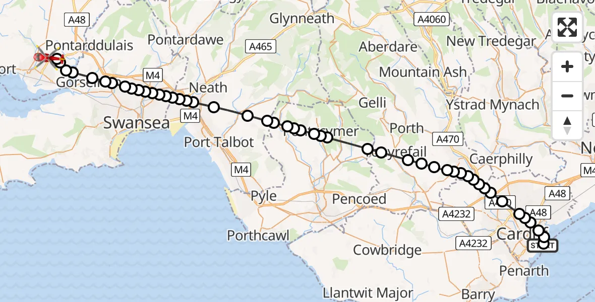 Flight path map showing Air Ambulance Helicopter route from Cardiff Heliport to Dafen