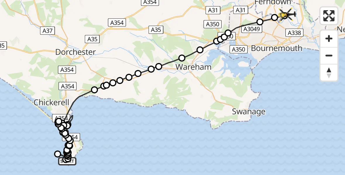 Flight path map showing Police Helicopter route from Southwell to Bournemouth Airport