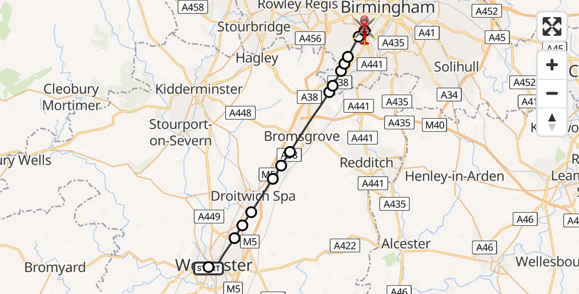 Flight path map showing Air Ambulance Helicopter route from Worcester to Queen Elizabeth Hospital Helipad