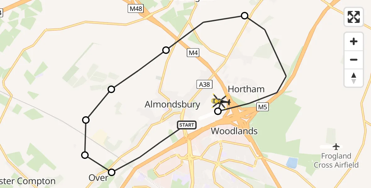 Flight path map showing Police Helicopter route from Almondsbury to Almondsbury Helicopter Base