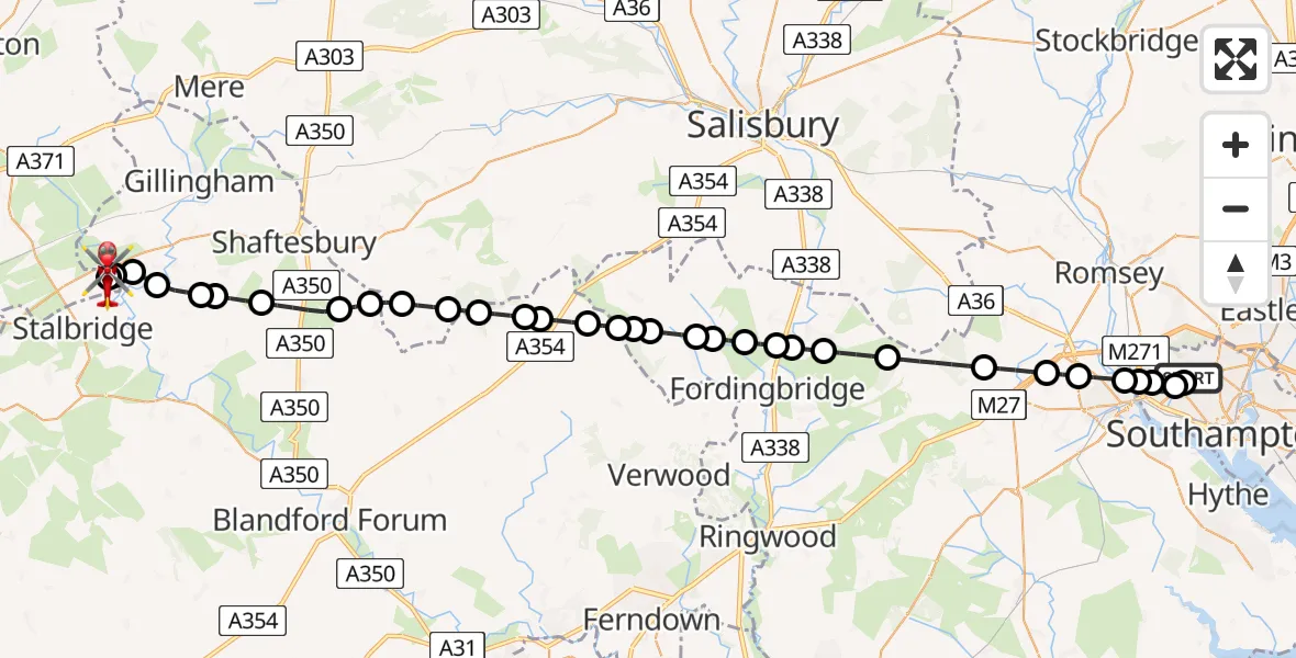 Flight path map showing Air Ambulance Helicopter route from University Hospital Southampton to Henstridge Airfield