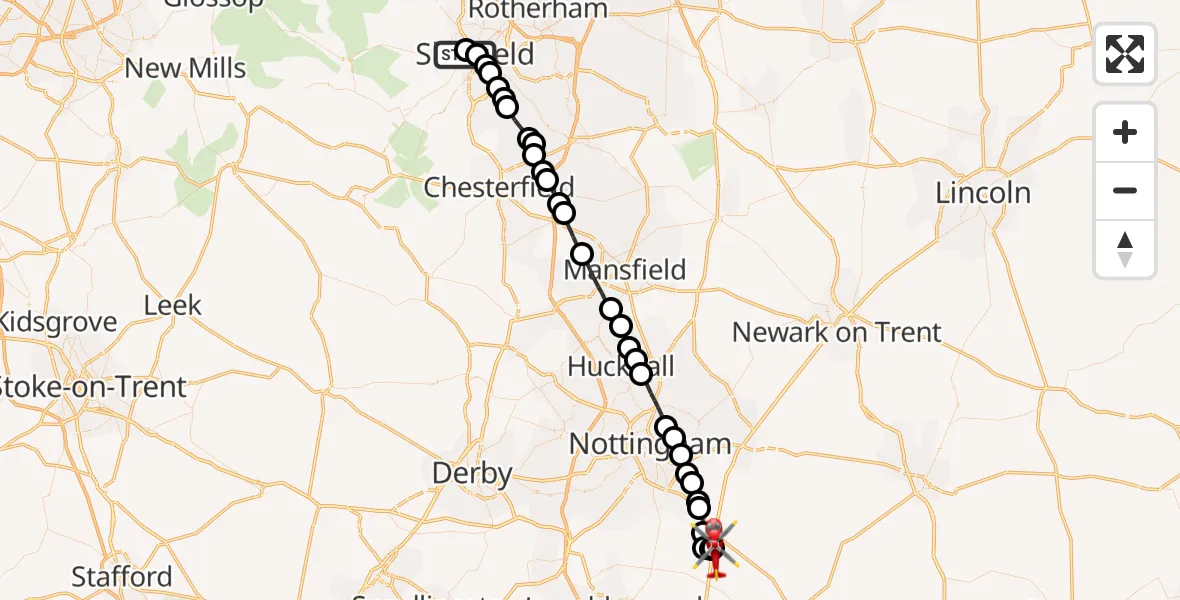 Flight path map showing Air Ambulance Helicopter route from Sheffield Childrens Hospital to Nottingham Heliport