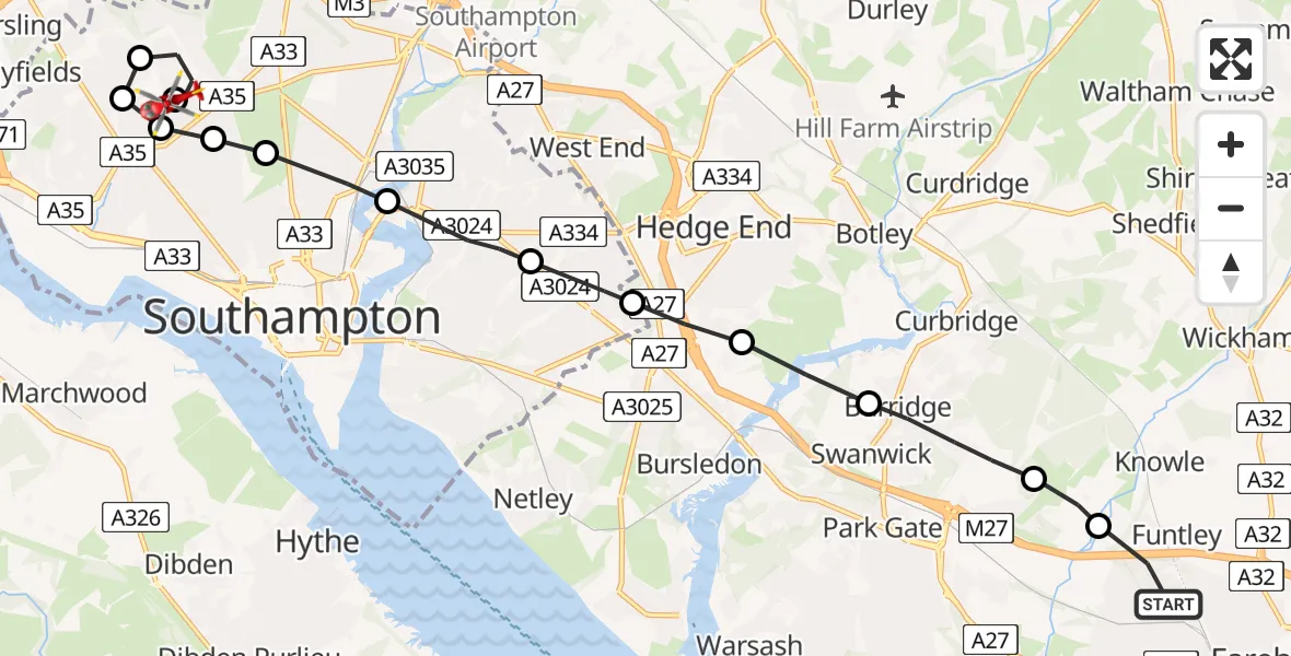 Flight path map showing Air Ambulance Helicopter route from Fareham to University Hospital Southampton