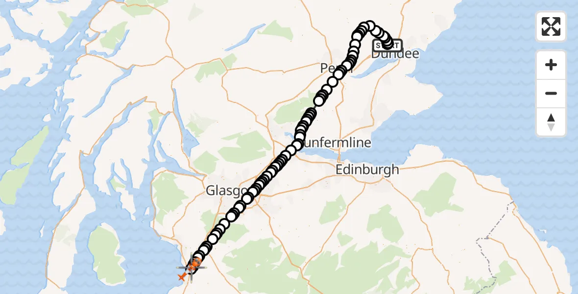 Flight path map showing Coastguard Helicopter route from Dundee to Glasgow Prestwick Airport