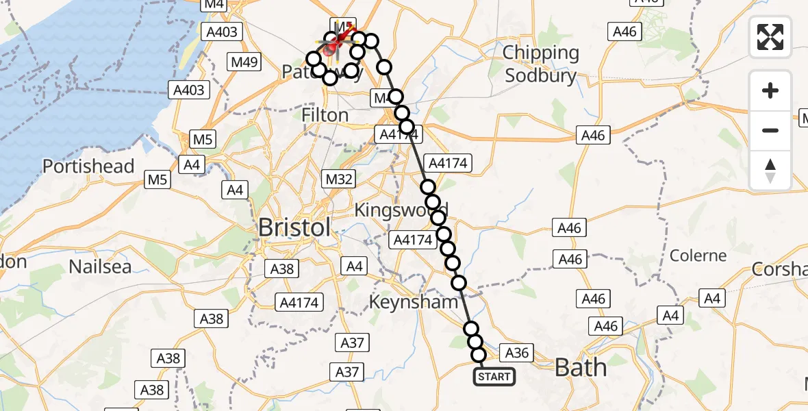Flight path map showing Air Ambulance Helicopter route from Newton St. Loe to Almondsbury Helicopter Base