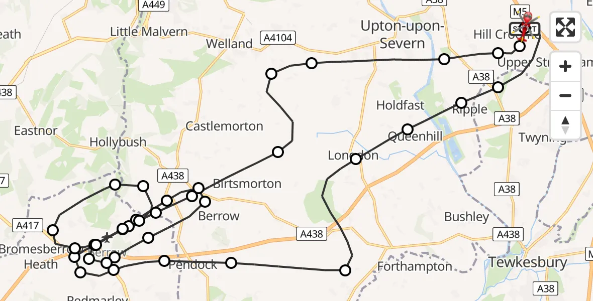 Flight path map showing Air Ambulance Helicopter route from Hill Croome to Upper Strensham