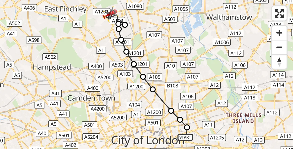 Flight path map showing Air Ambulance Helicopter route from Royal London Hospital to Crouch End