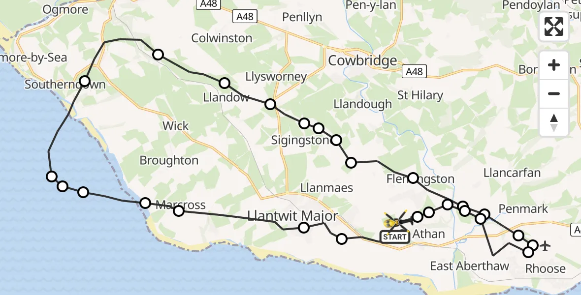 Flight path map showing Police Helicopter route from MOD St Athan to MOD St Athan