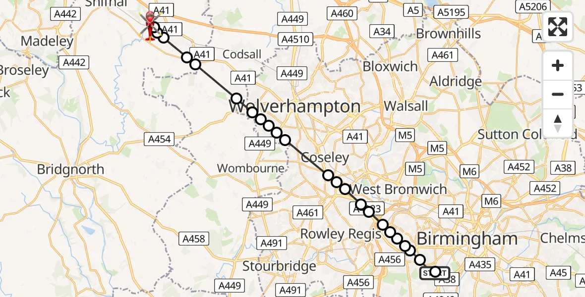 Flight path map showing Air Ambulance Helicopter route from Queen Elizabeth Hospital Helipad to Cosford