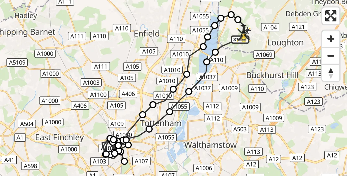 Flight path map showing Police Helicopter route from Sewardstonebury to Chingford