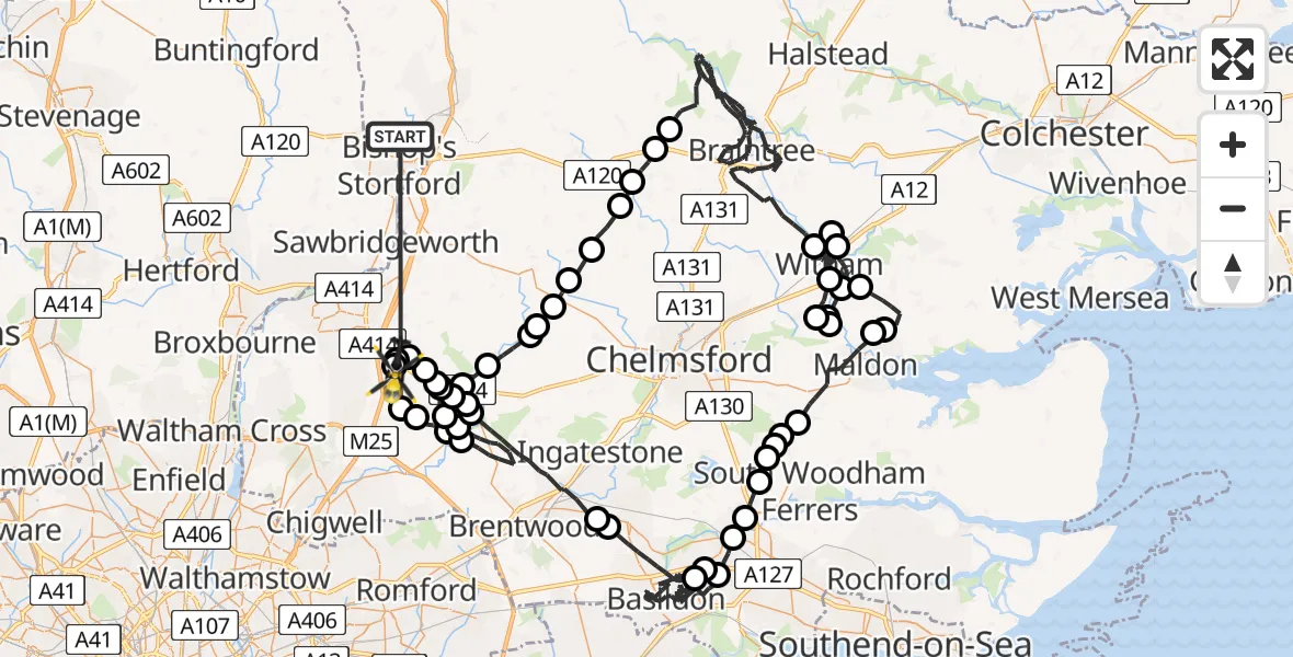 Flight path map showing Police Helicopter route from Bishop's Stortford to North Weald Bassett