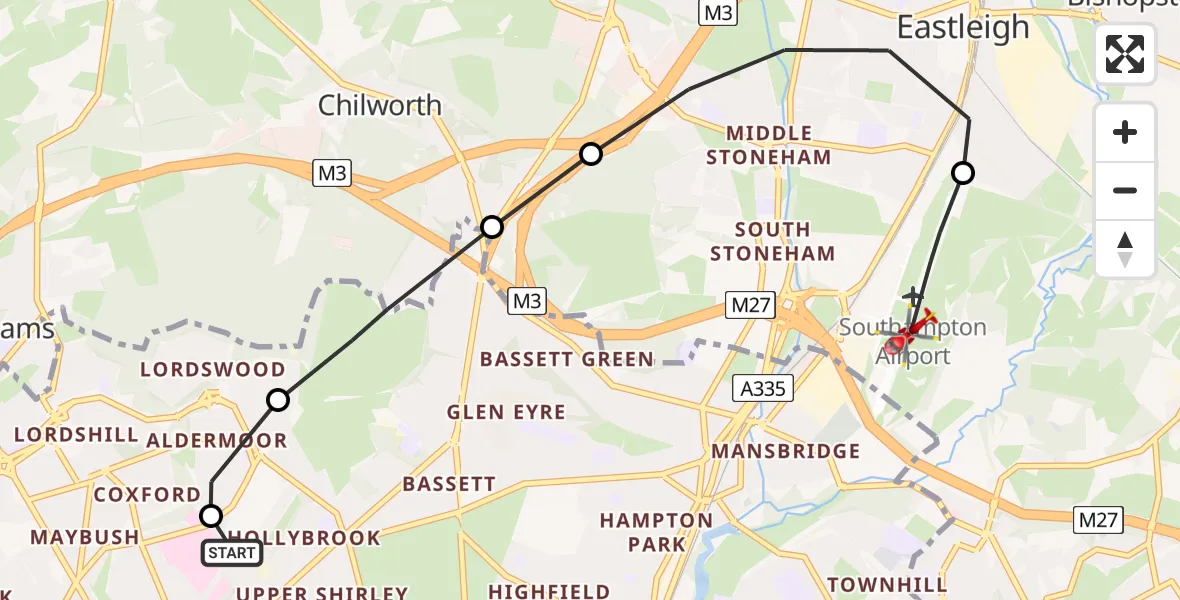 Flight path map showing Air Ambulance Helicopter route from University Hospital Southampton to Southampton Airport
