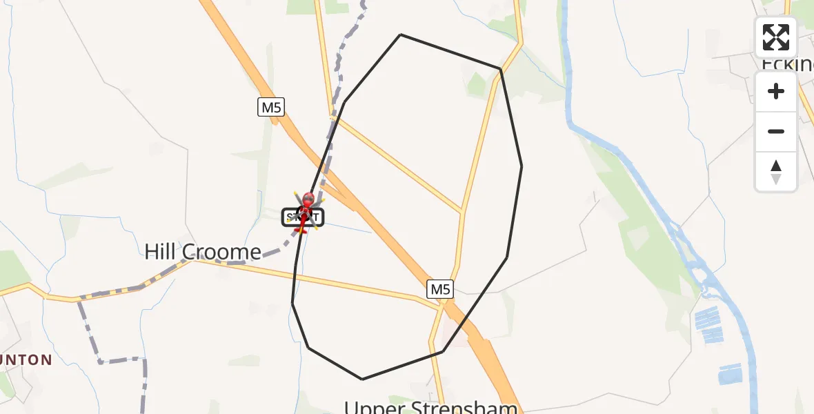Flight path map showing Air Ambulance Helicopter route from Hill Croome to Upper Strensham