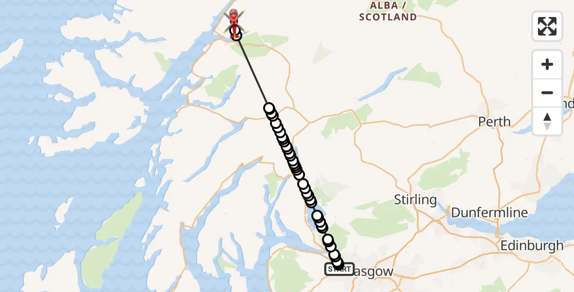 Flight path map showing Air Ambulance Helicopter route from Glasgow Airport to Sgurr na h-Uilinn