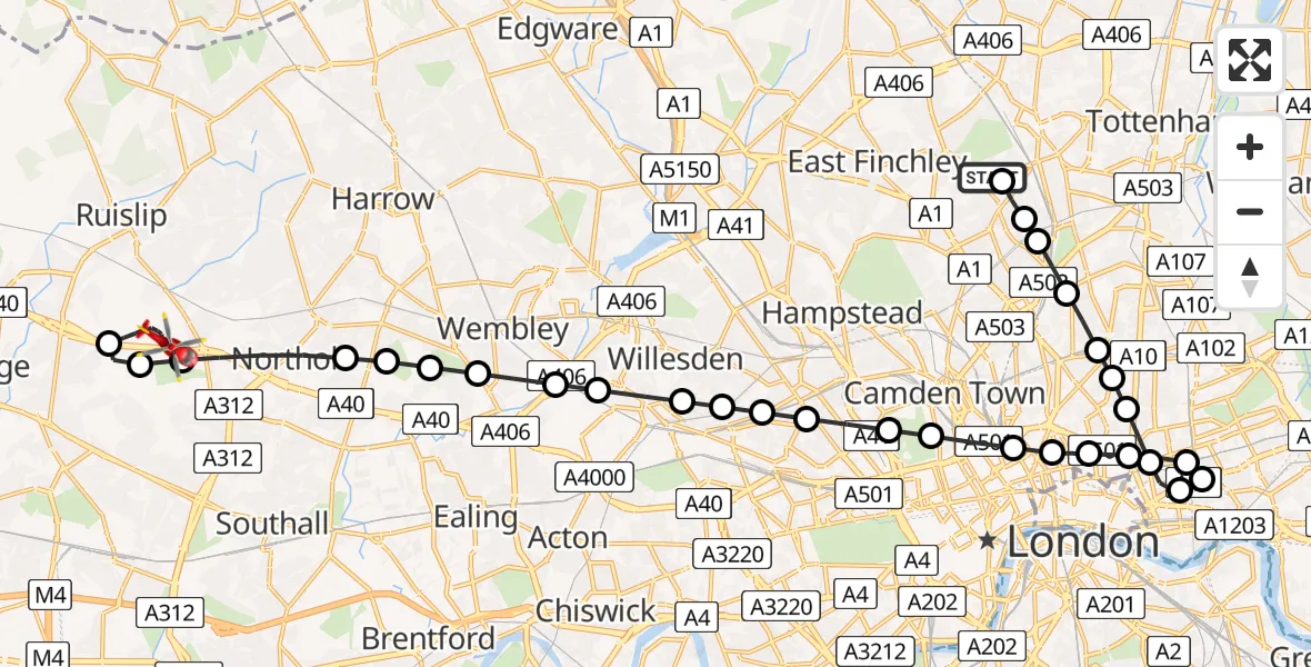 Flight path map showing Air Ambulance Helicopter route from Hornsey to RAF Northolt