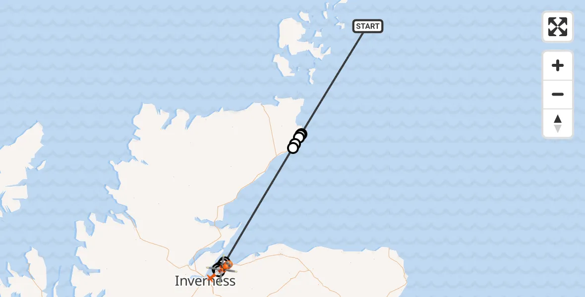Flight path map showing Coastguard Helicopter route from North Sea to Inverness Airport