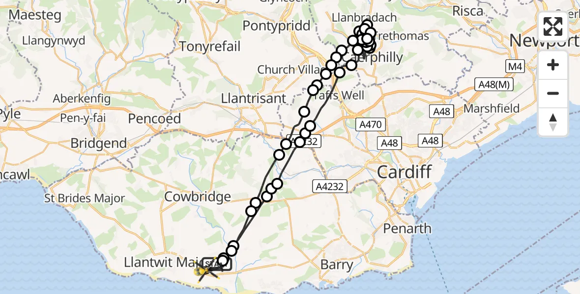 Flight path map showing Police Helicopter route from MOD St Athan to MOD St Athan