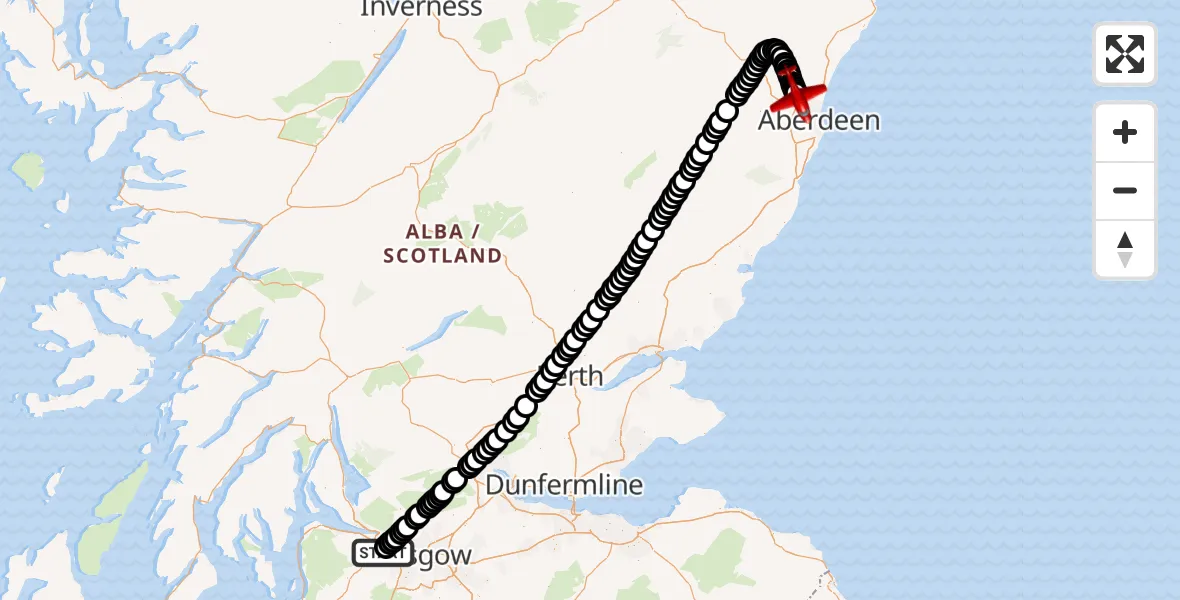Flight path map showing Air Ambulance Aircraft route from Glasgow Airport to Dyce